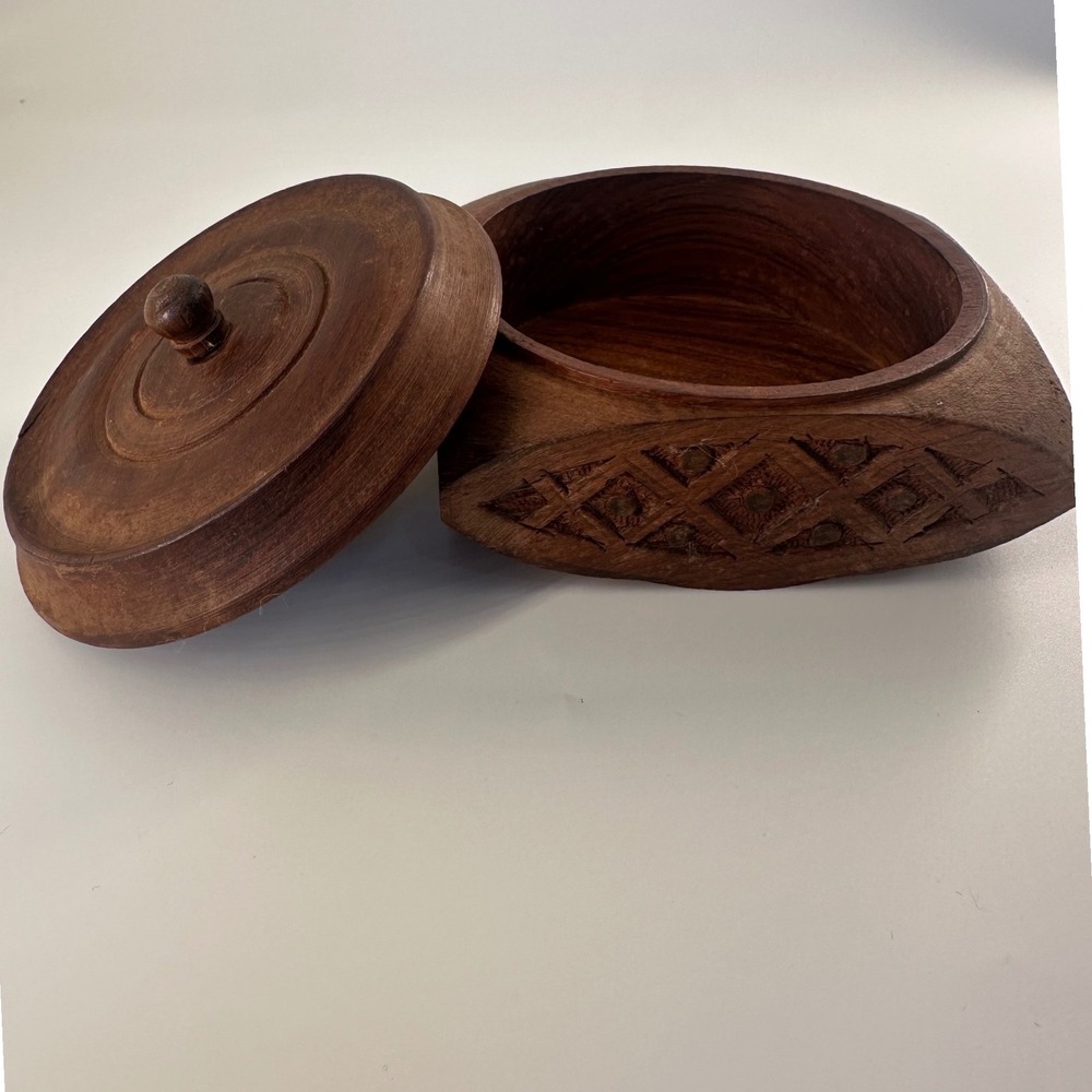 Vintage Hand Carved Wooden Trinket Box with Lid Geometric Diamond Design BoHo